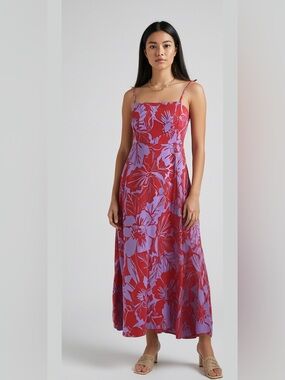 GAP Linen Pink Red Lavender Floral Maxi Dress Summer M